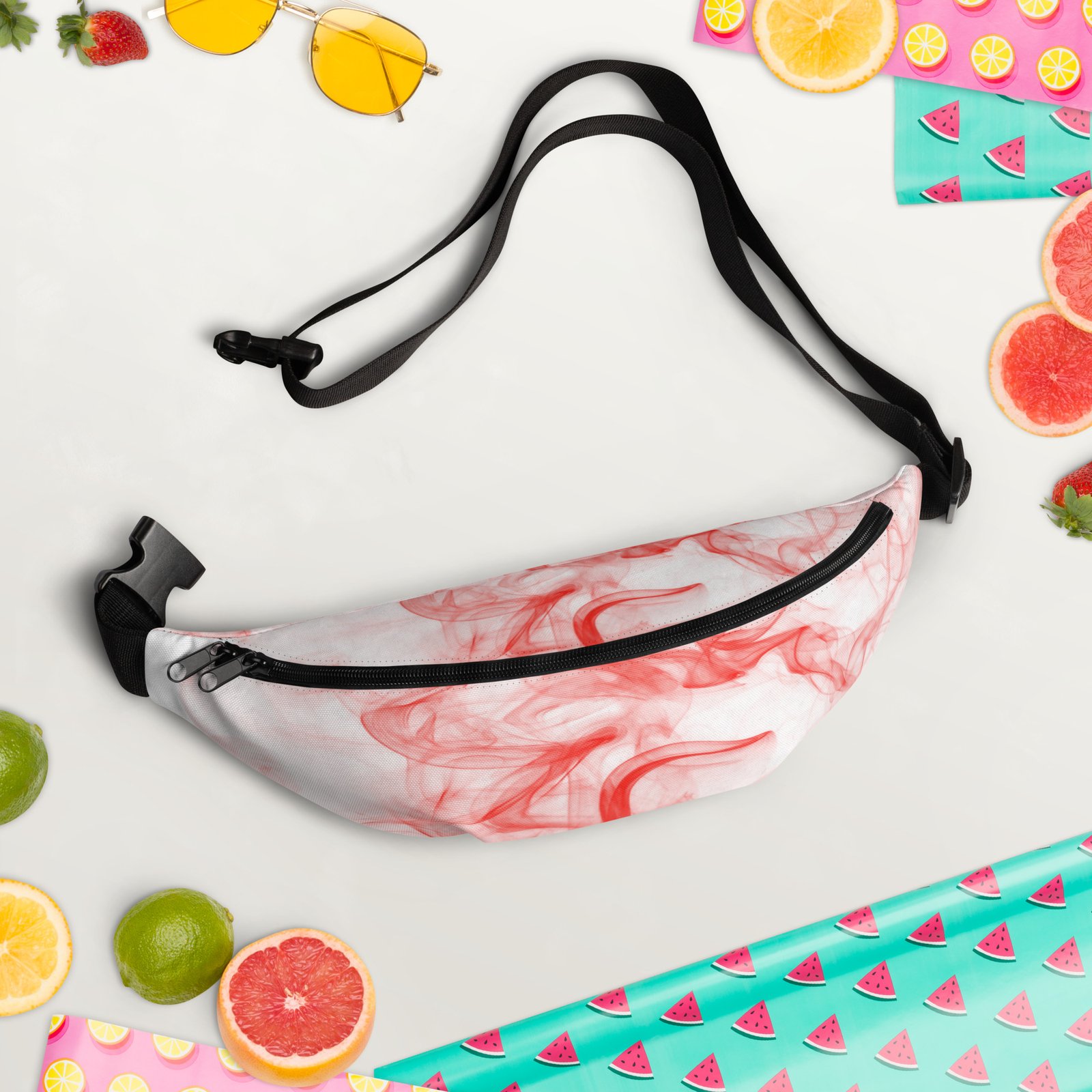 all-over-print-fanny-pack-white-front-2-687539b969bd7.jpg Fanny Pack - White and Red Smoke - Image 4