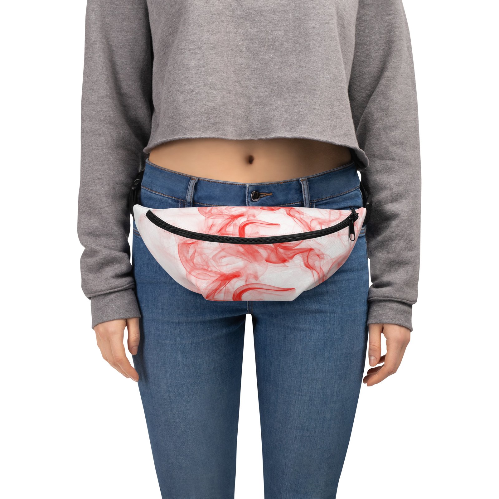all-over-print-fanny-pack-white-front-687539b968c91.jpg Fanny Pack - White and Red Smoke - Image 1