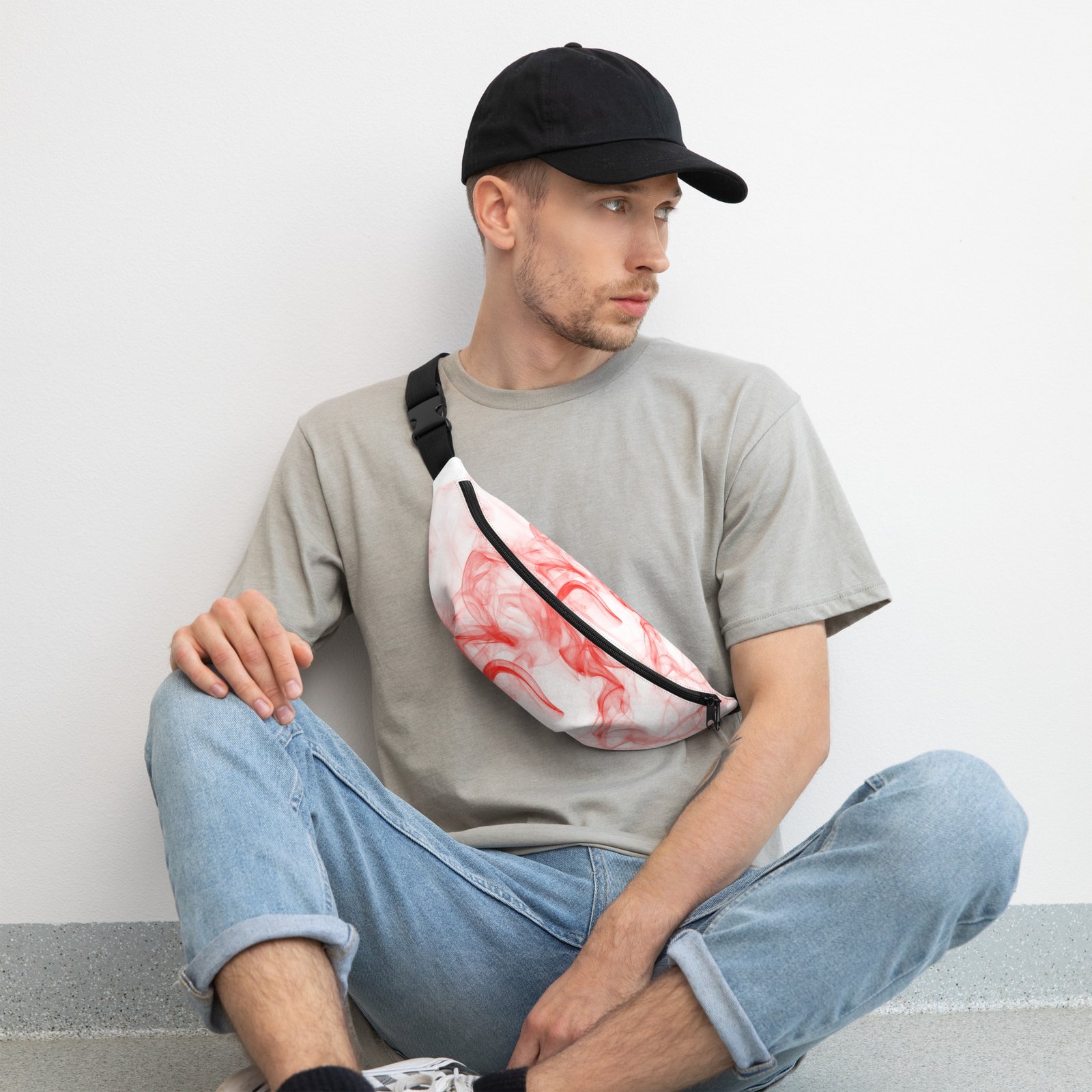 all-over-print-fanny-pack-white-front-687539b96a441.jpg Fanny Pack - White and Red Smoke - Image 10